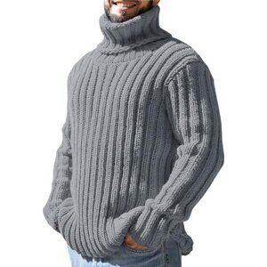 Men's Pullover Gray Turtleneck Sweaters Knitted Long Sleeve Fit Chunky Winter